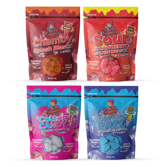 Viral Gushers 4 Pack Ultimate 20oz Splash Blastz Bundle- Sour Blue Razz 5oz + Cotton Candy 5oz + Sour Strawberry 5oz + Chamoy 5oz