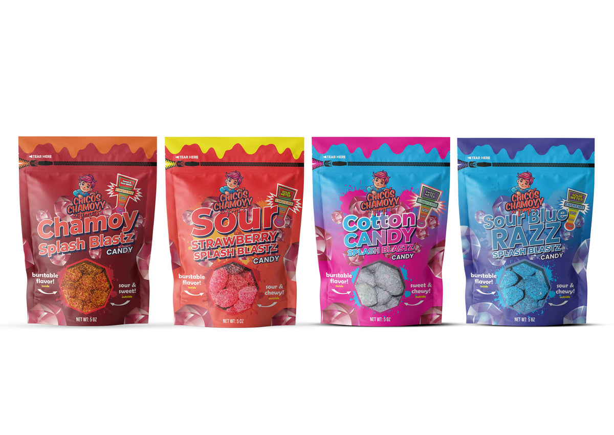 4 Pack Sour Blue Raspberry -Sour Strawberry-Cotton Candy-Chamoy Splash Blastz Gushers 20oz Bundle